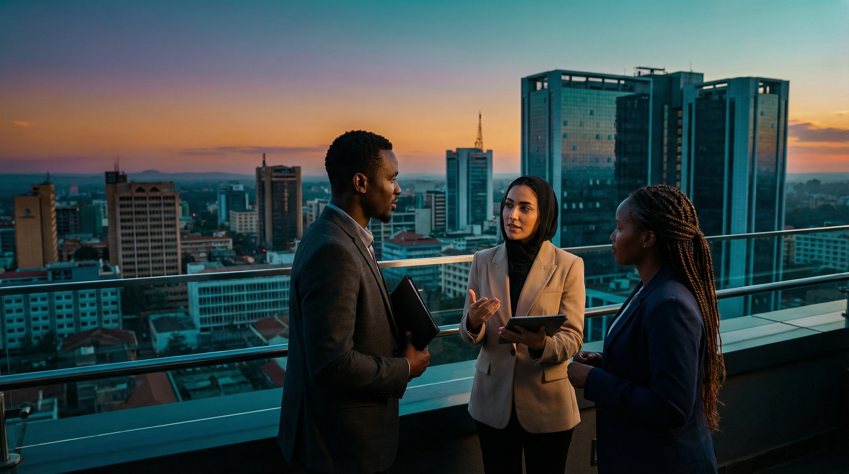 Professionals meeting with African city skyline at sunset